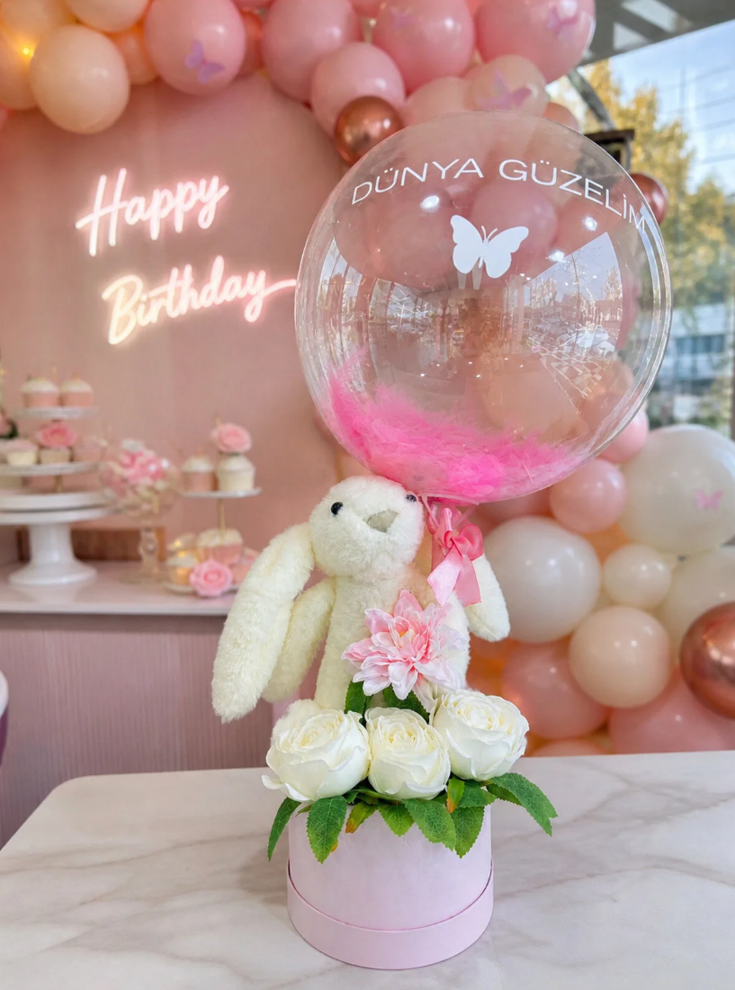 Kişiye Özel Balonlu Tavşan & Çiçek Aranjmanı